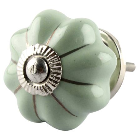 Sage Green Medium Ceramic Melon Knob in Silver Line